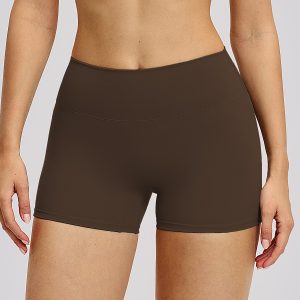 Womens High Waist Yoga Shorts, Comfy Breathable Gym Workout Shorts, Dark Brown