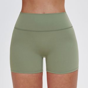 Womens High Waist Yoga Shorts, Moisture Wicking Compression Workout Shorts, Olive Green